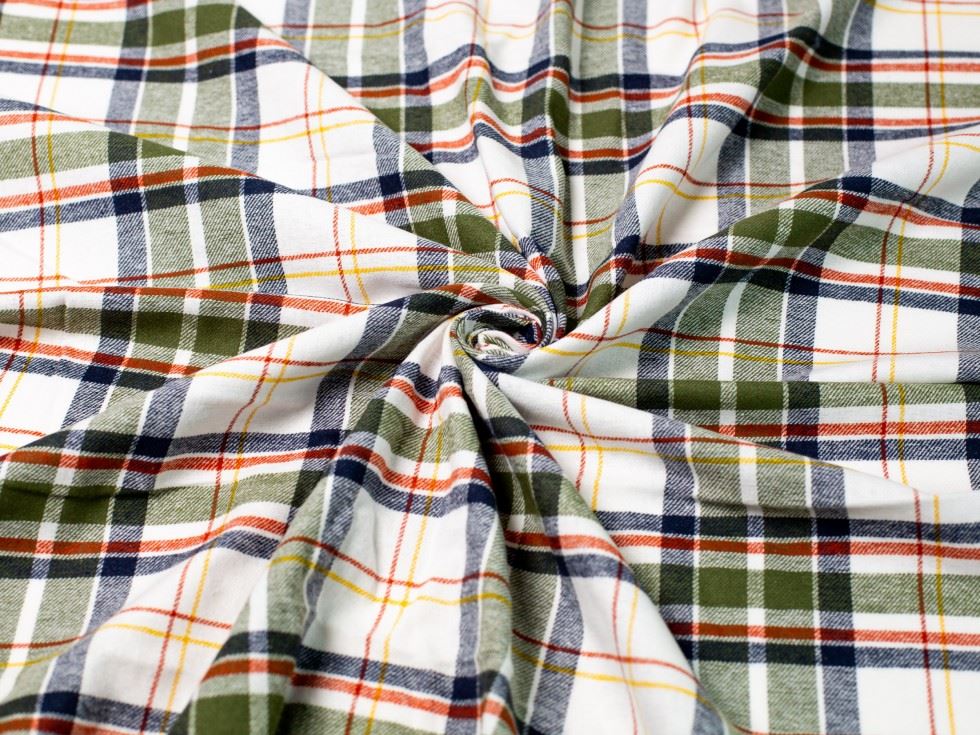Minerva Core Range White & Olive Brushed Cotton Flannel Fabric