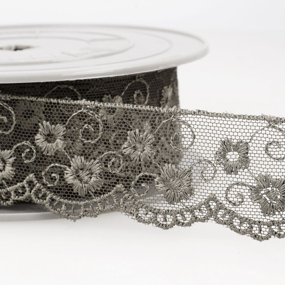 Stephanoise Embroidery Tulle Lace Trim Dark Grey
 