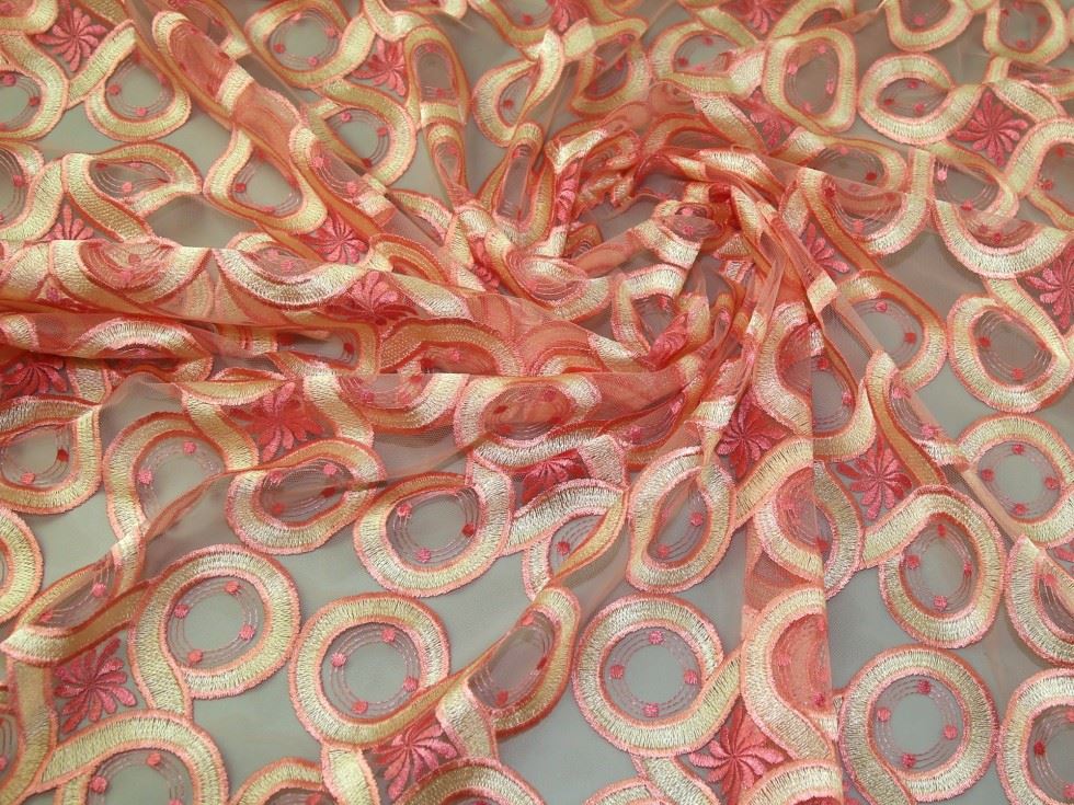 Coral Deadstock Embroidered Lace Fabric