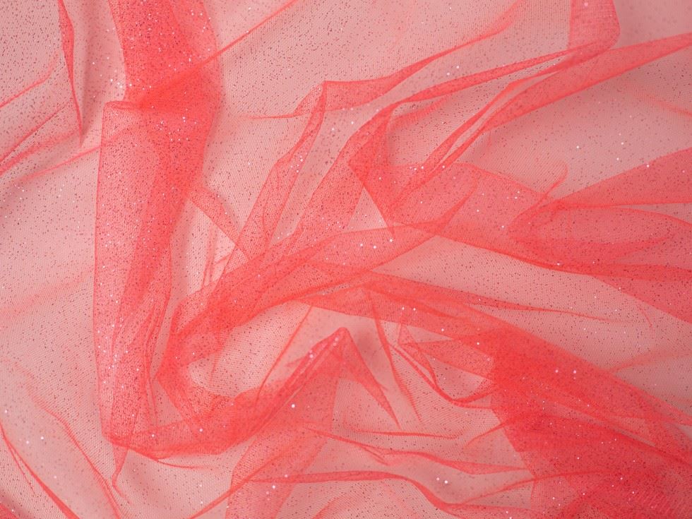 Minerva Core Range Coral Glitter Tulle Net Fabric