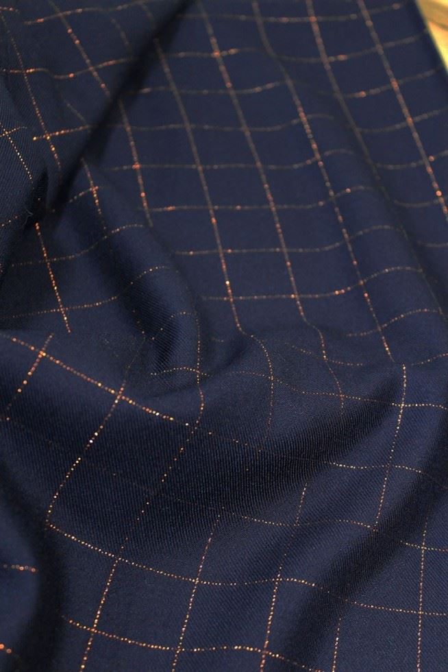 Eglantine and Zoe Lurex Viscose Twill Fabric Blue & Copper
 
