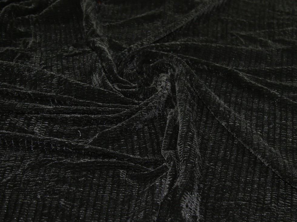 Black Deadstock Pleated Velvet Stretch Knit Fabric