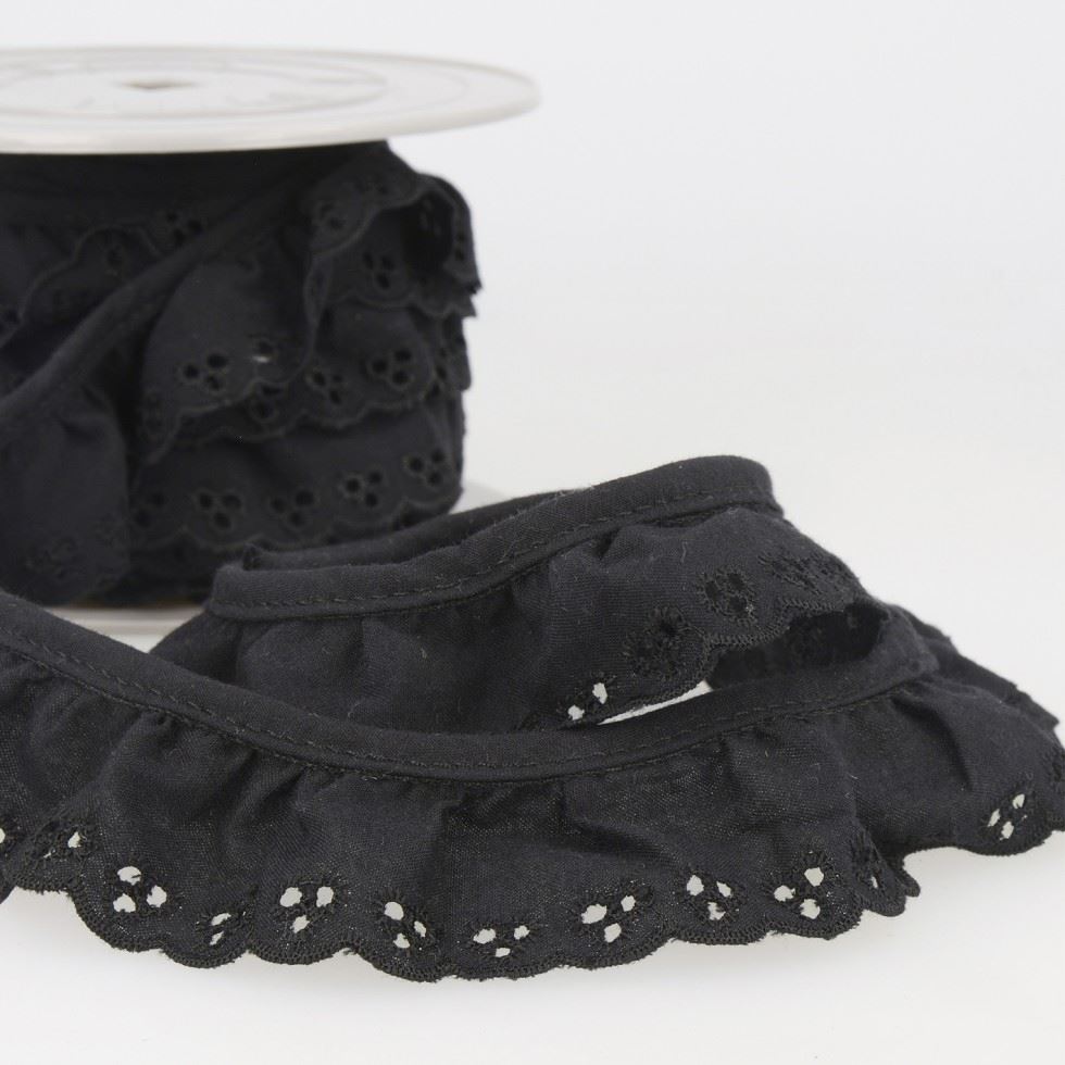 Stephanoise Broderie Anglaise Gathered Lace Trim Black