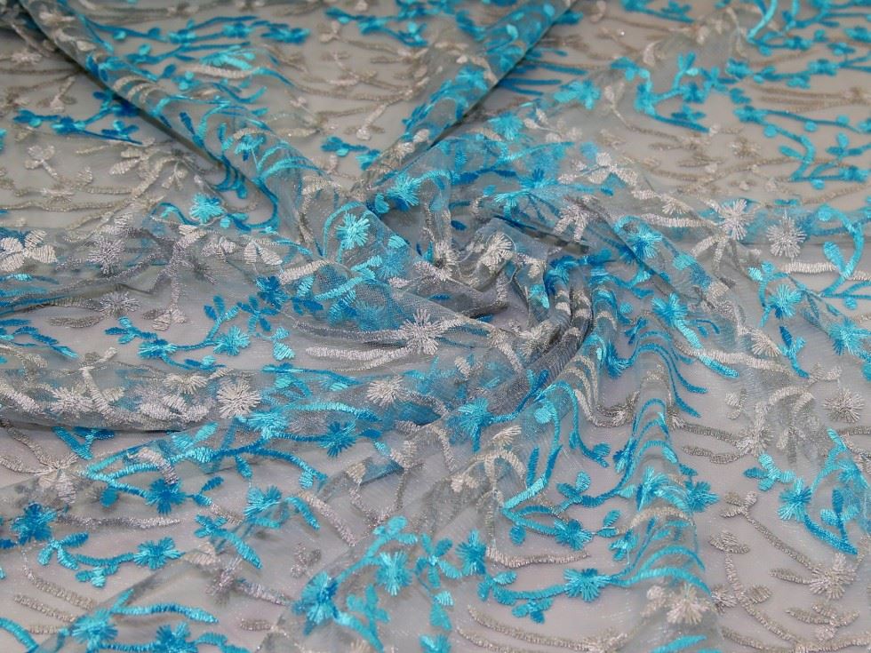 Sky Deadstock Embroidered Lace Tulle Fabric