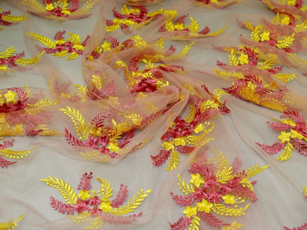 Yellow Deadstock Embroidered Lace Tulle Fabric