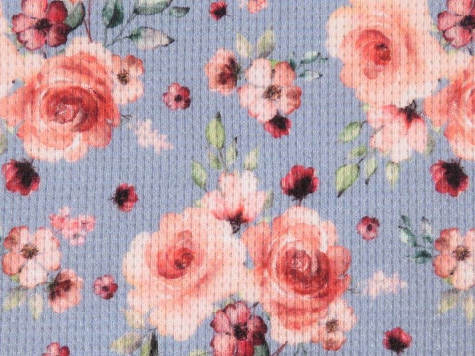 Blue Cotton Waffle Textured Stretch Knit Fabric