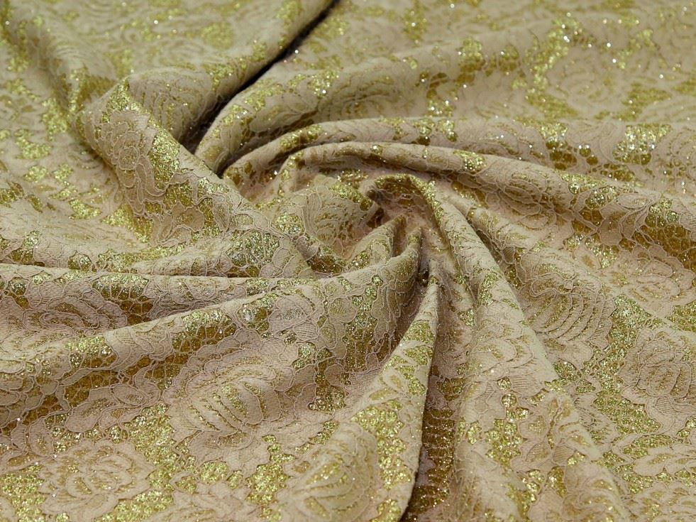 Pale Gold Deadstock Glitter Satin Lace Fabric