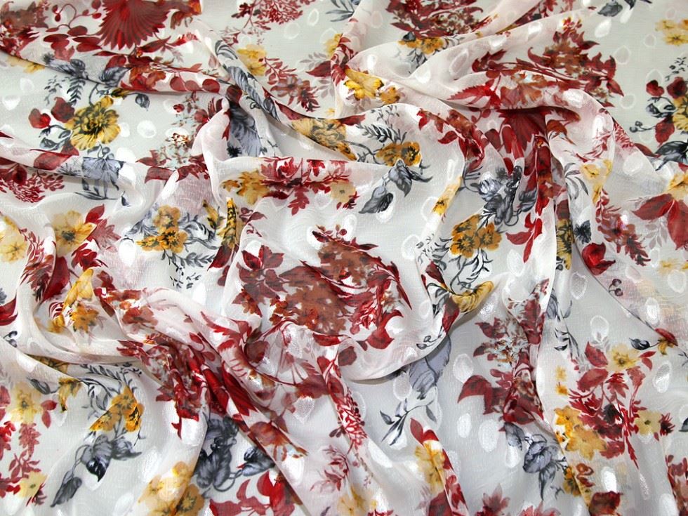 White Red Deadstock Chiffon Dobby Fabric