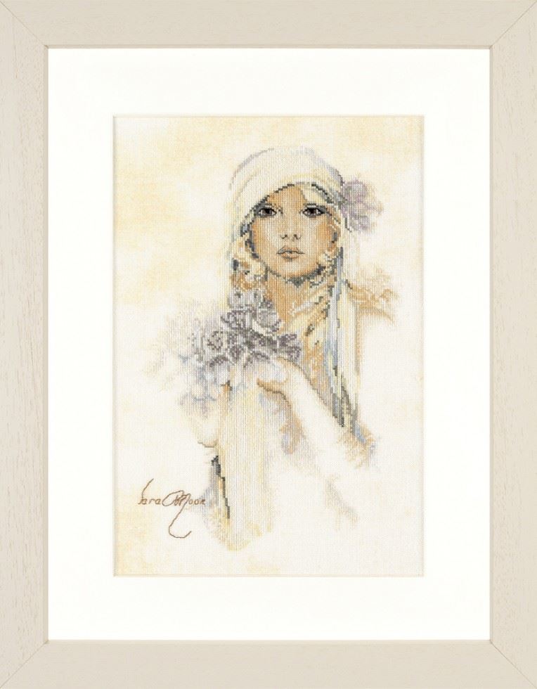 Lanarte Counted Cross Stitch Kit Sara Moon Lady with Lilac Flower Linen