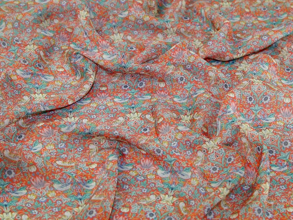 Liberty London Coral Strawberry Thief Ii Regent Silk Sheer Chiffon Fabric