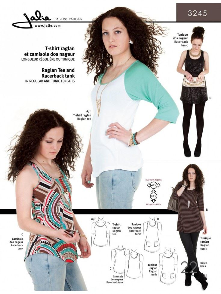Jalie Girls Sewing Pattern 3245 Raglan Tee Racerback Tank & Tunics