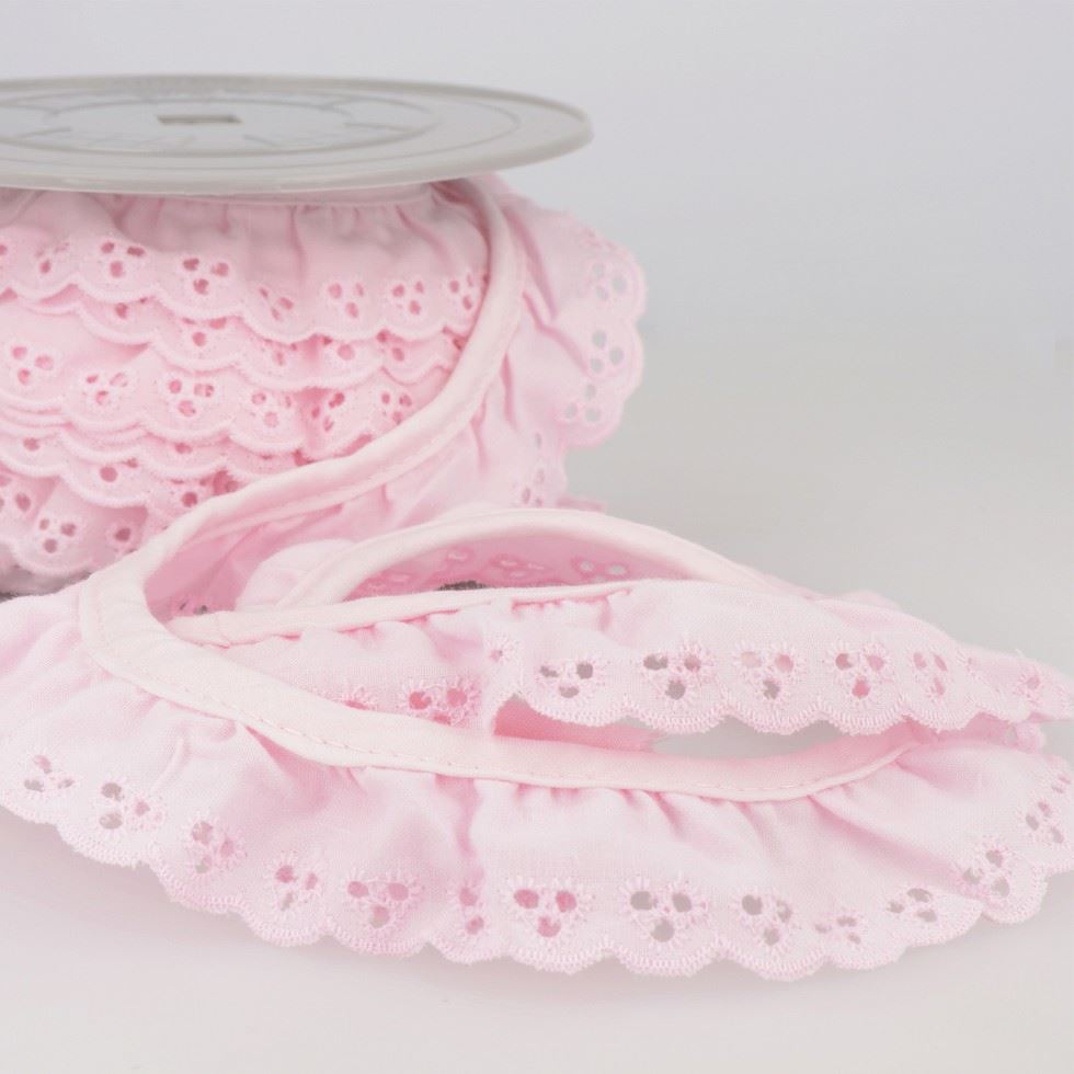 Stephanoise Broderie Anglaise Gathered Lace Trim Pink