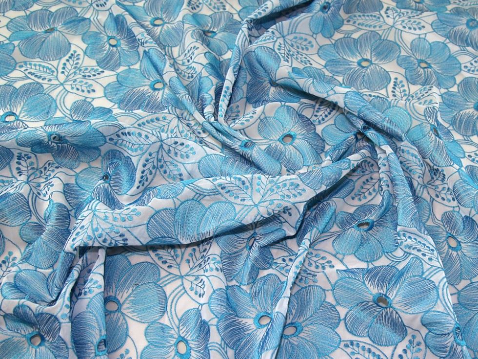 Turquoise Deadstock Embroidered Voile Fabric