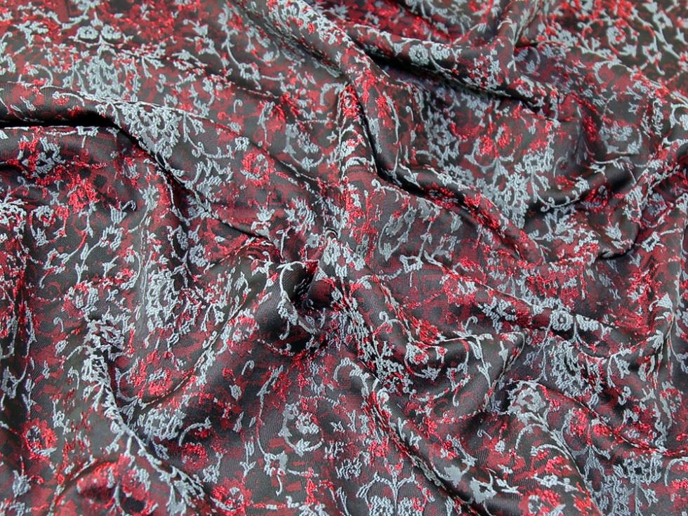 Red & Grey Deadstock Woven Brocade Fabric