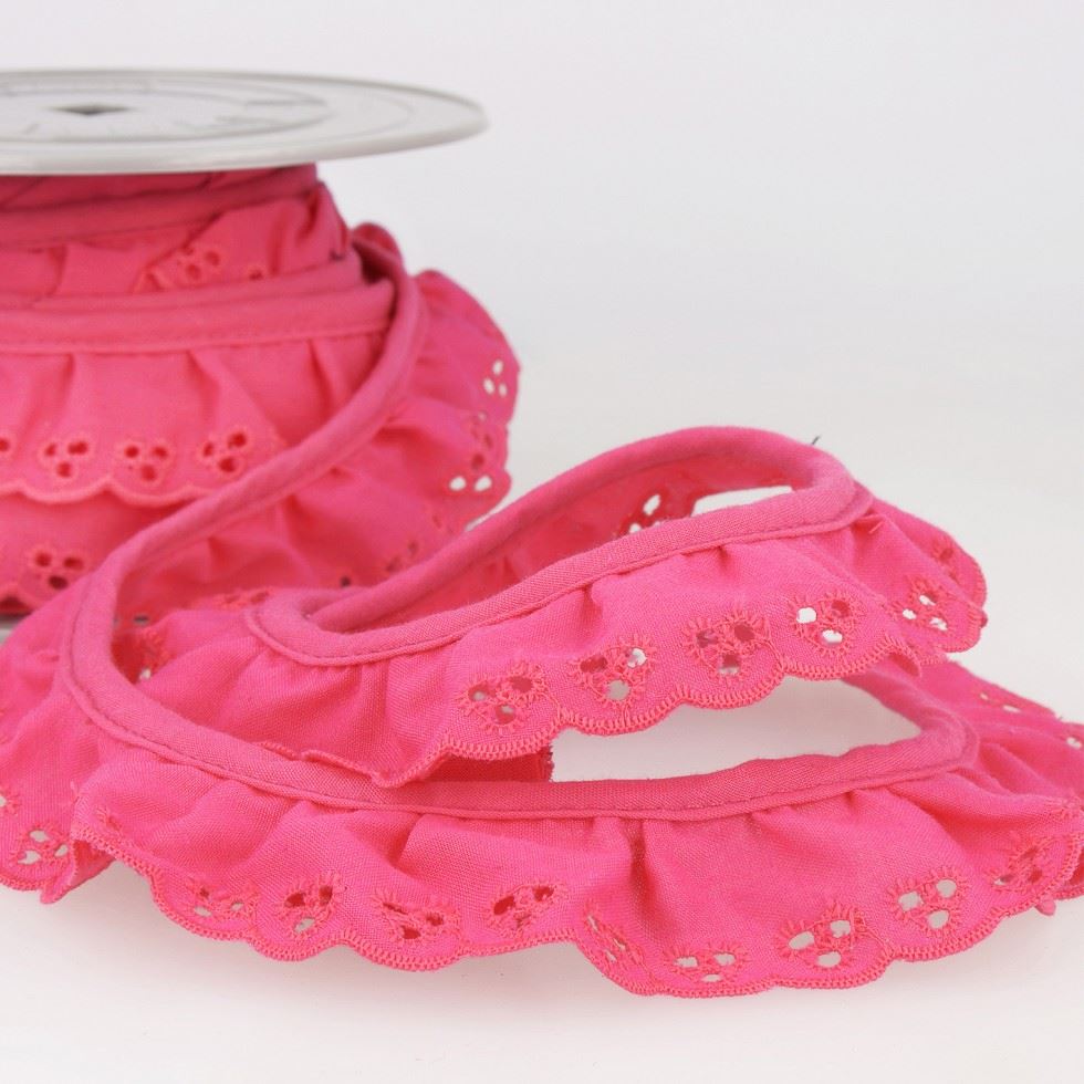 Stephanoise Broderie Anglaise Gathered Lace Trim Fuchsia Pink