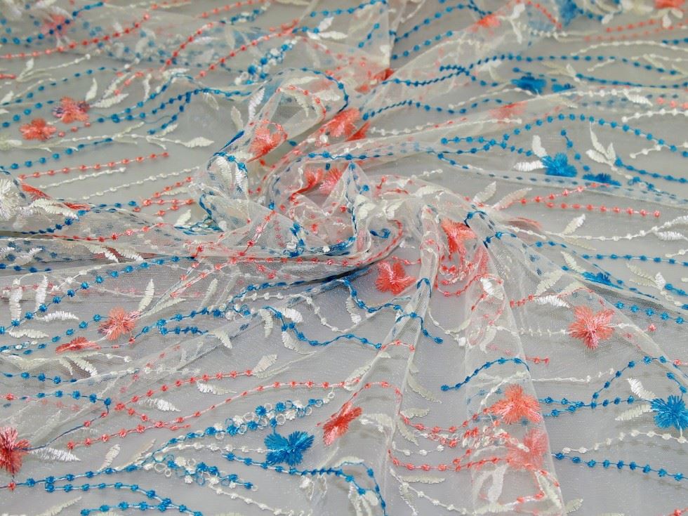 White Deadstock Embroidered Lace Tulle Fabric