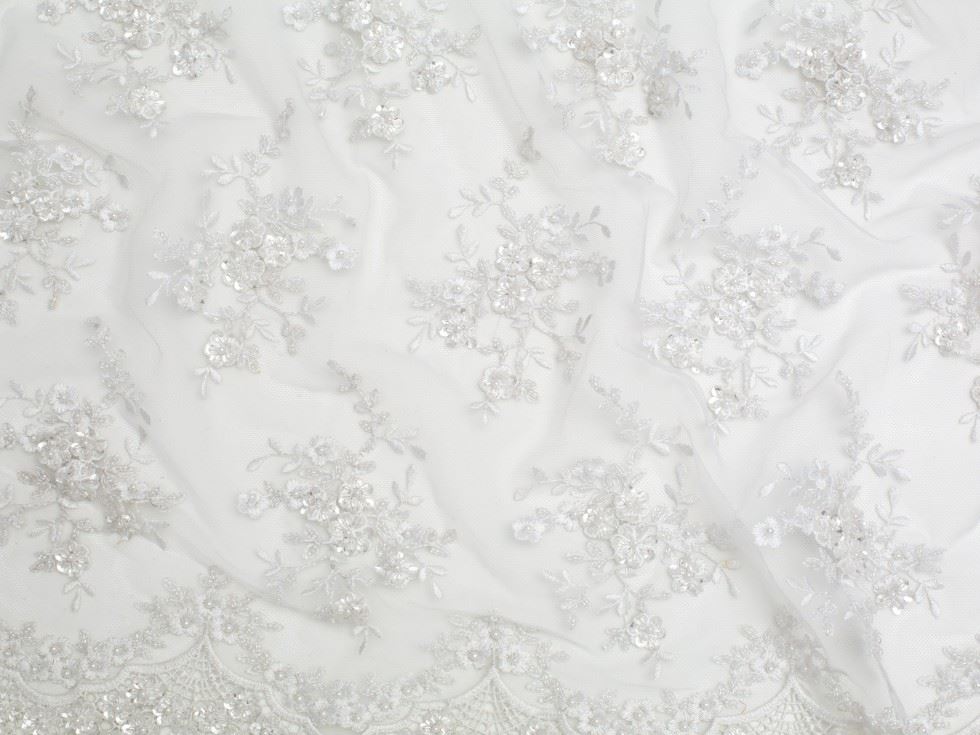 Minerva Core Range White Beaded Embroidered Tulle Lace Fabric