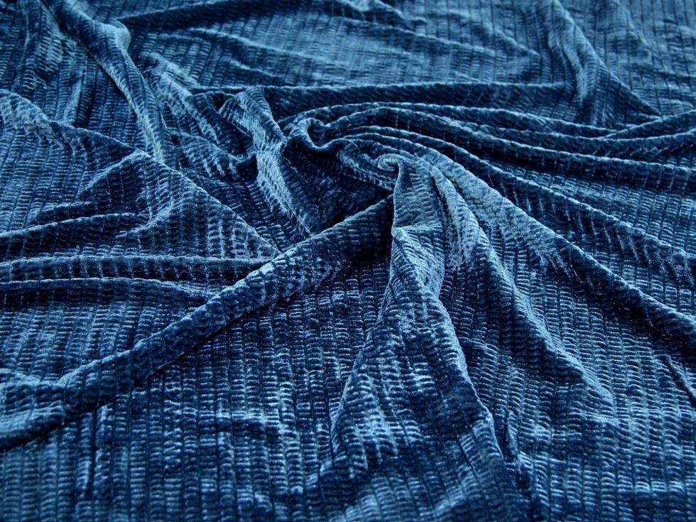Blue Deadstock Pleated Velvet Stretch Knit Fabric