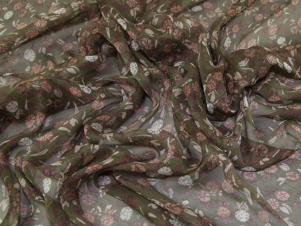 Olive Green Deadstock Silk Crinkle Sheer Chiffon Fabric