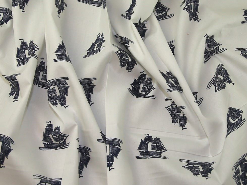 Deadstock 100% Cotton Poplin Fabric Navy on Ivory
 