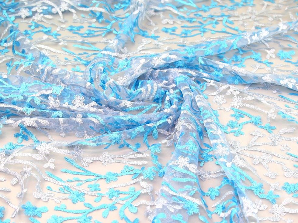Turquoise Deadstock Embroidered Lace Tulle Fabric