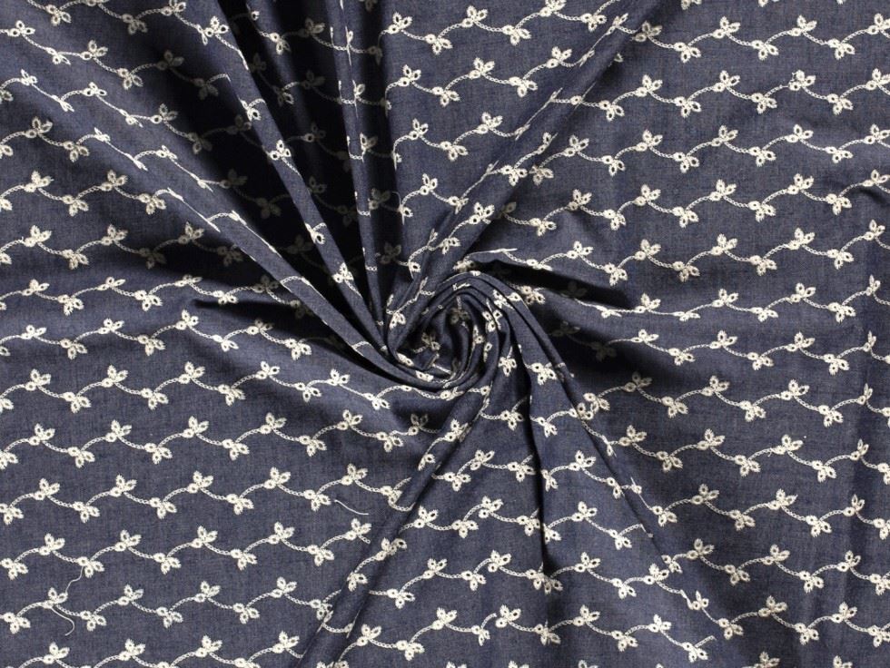Embroidered Cotton Denim Fabric Navy
 