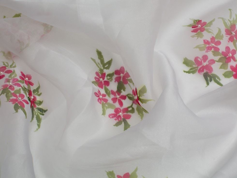 Posy Hand Painted Organza Fabric Ivory Pink Green
 