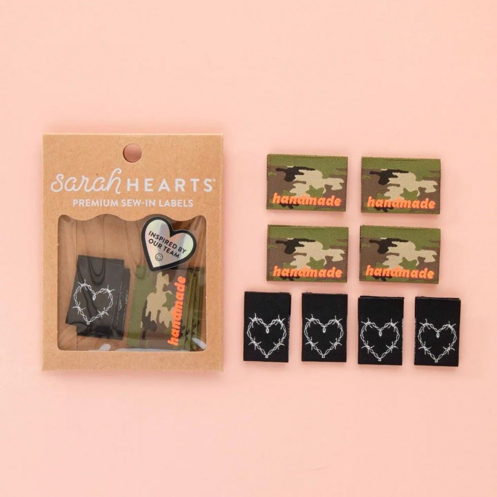 Sarah Hearts Camo & Barbed Wire Heart Multipack Woven Labels
 