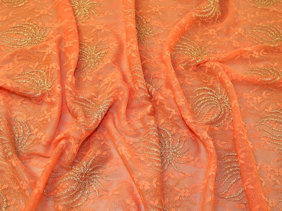 Orange Deadstock Metallic Lace Fabric