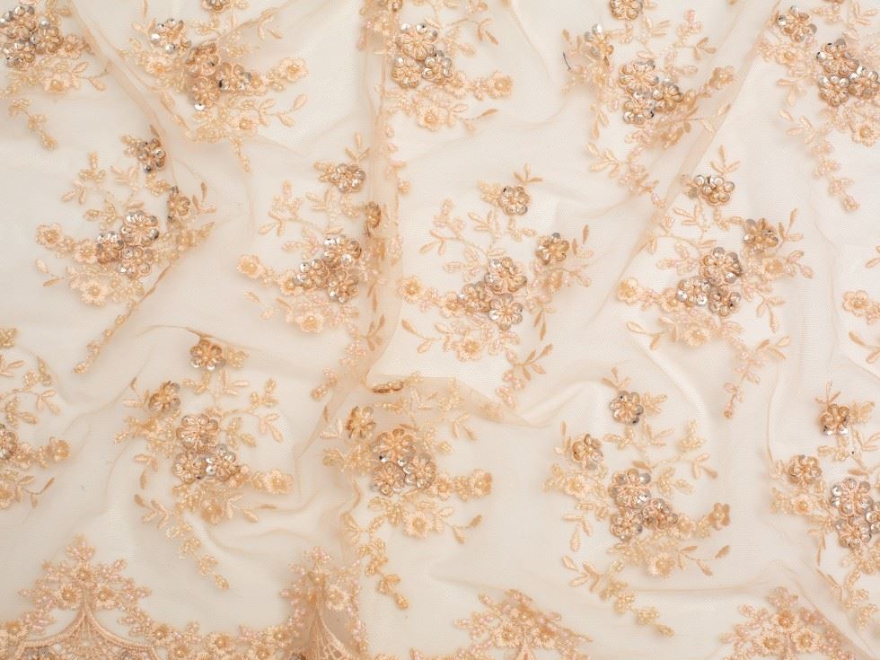 Minerva Core Range Peach Beaded Embroidered Tulle Lace Fabric