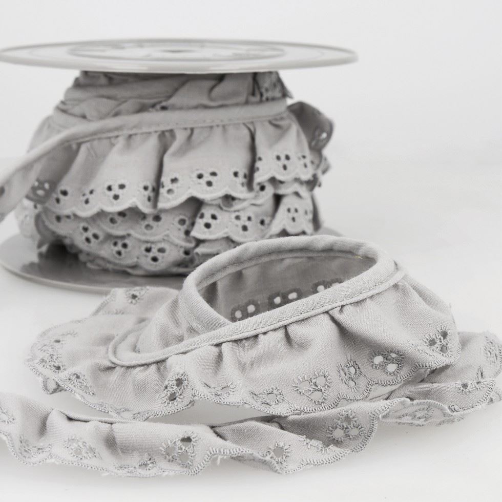 Stephanoise Broderie Anglaise Gathered Lace Trim Light Grey
