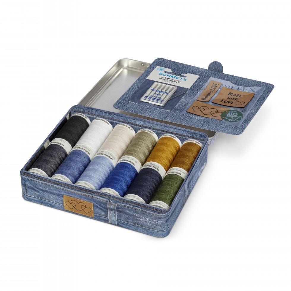 Gutermann Denim Thread, Needles, Labels & Thread Storage Tin
 