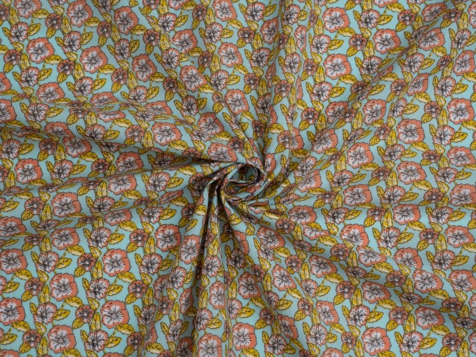 Printed Polycotton Fabric Coral & Turquoise
 
