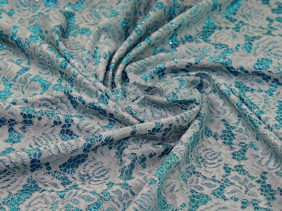 Aqua Deadstock Glitter Satin Lace Fabric