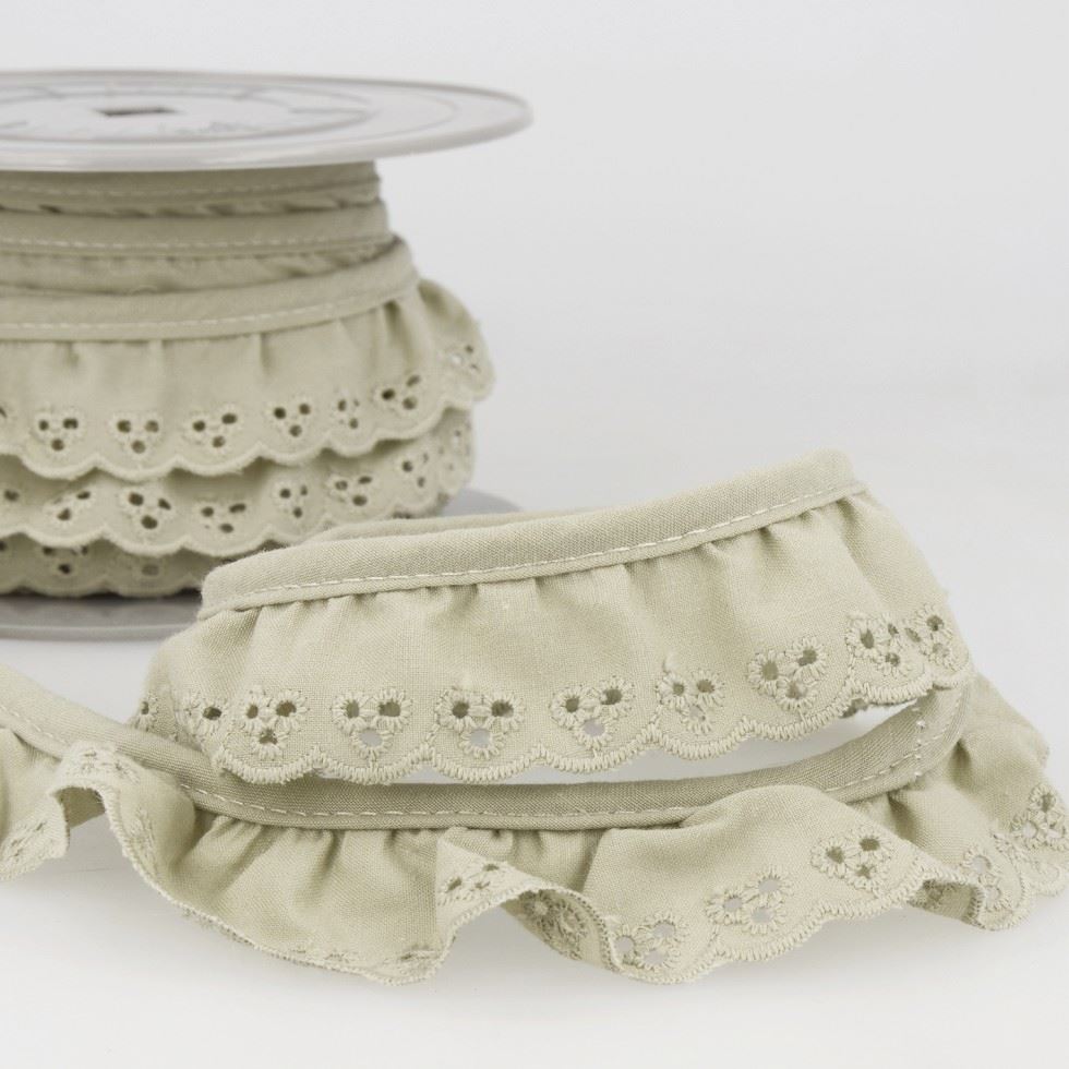 Stephanoise Broderie Anglaise Gathered Lace Trim Taupe