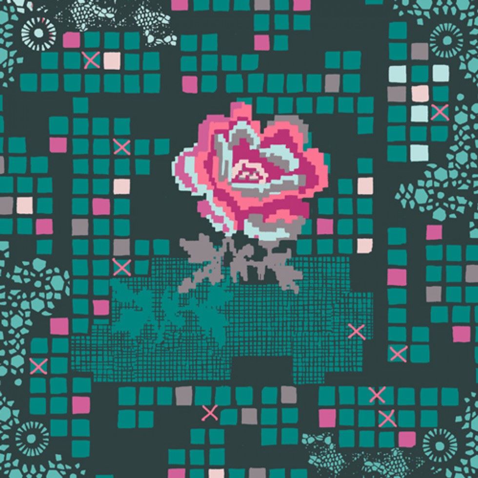 Art Gallery Fabrics Grid 100% Cotton Poplin Fabric Rose Circuit Teal
