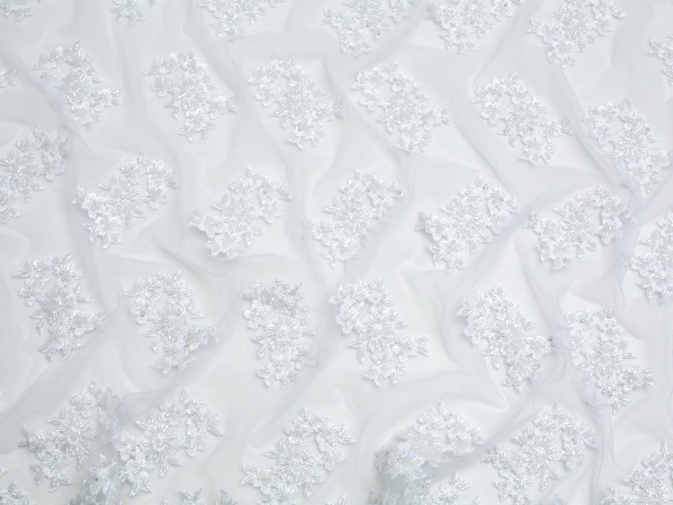 Minerva Core Range White Beaded Embroidered Tulle Lace Fabric