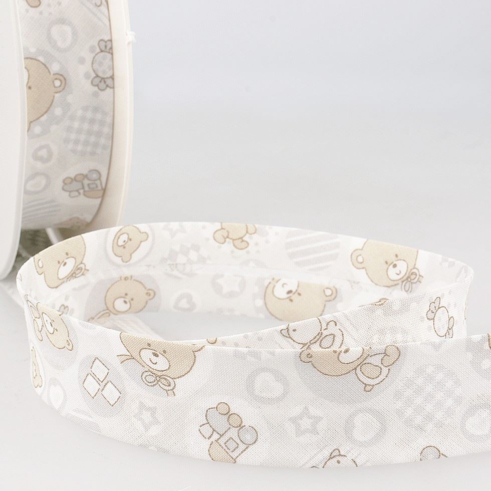Stephanoise Teddy Bears Bias Binding Tape Light Grey
