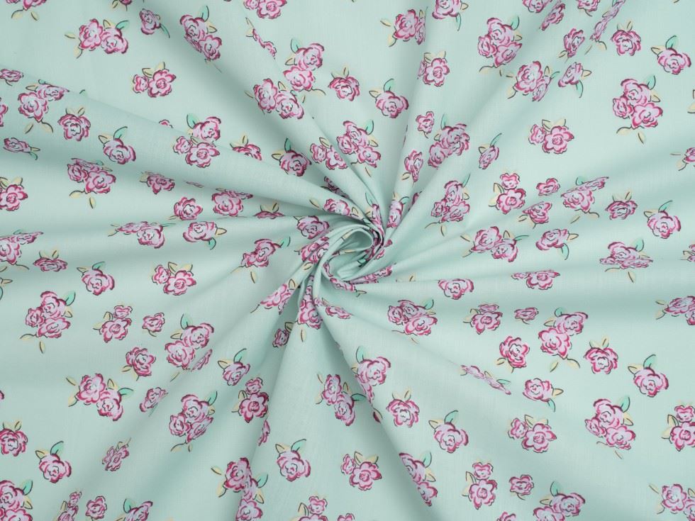 Printed Polycotton Fabric Pink on Aqua
 