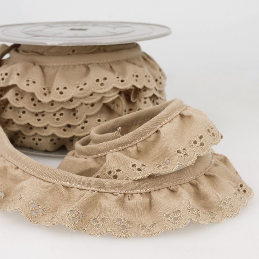 Stephanoise Broderie Anglaise Gathered Lace Trim Beige