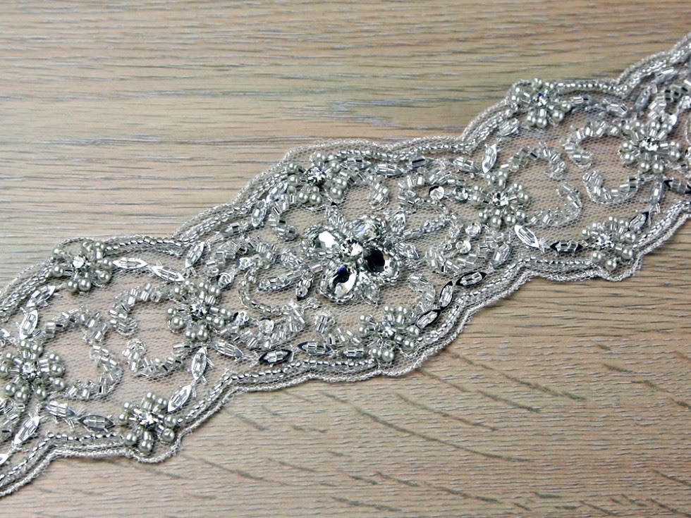 Crystal Beaded Lace Trim Silver