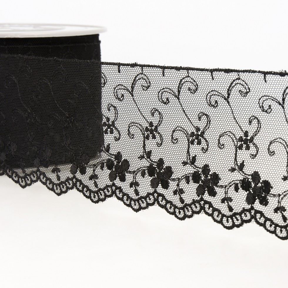 Stephanoise Black Embroidery Tulle Lace Trim