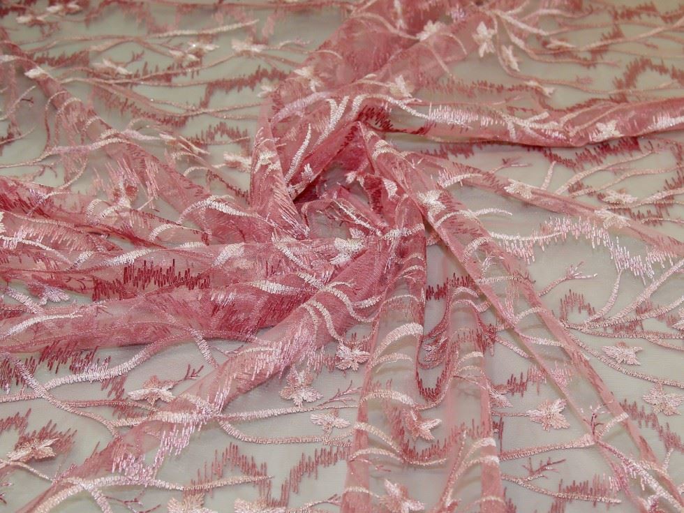 Soft Pink Deadstock Embroidered Lace Tulle Fabric