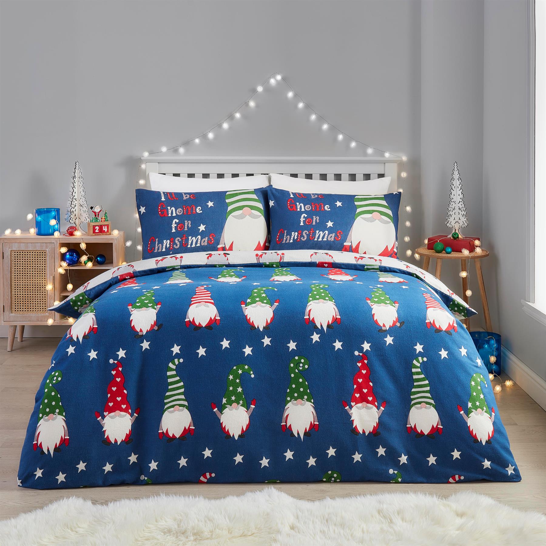Fusion Christmas Gnome For Christmas Polycotton Duvet Cover Set in Navy - Picture 2 of 6