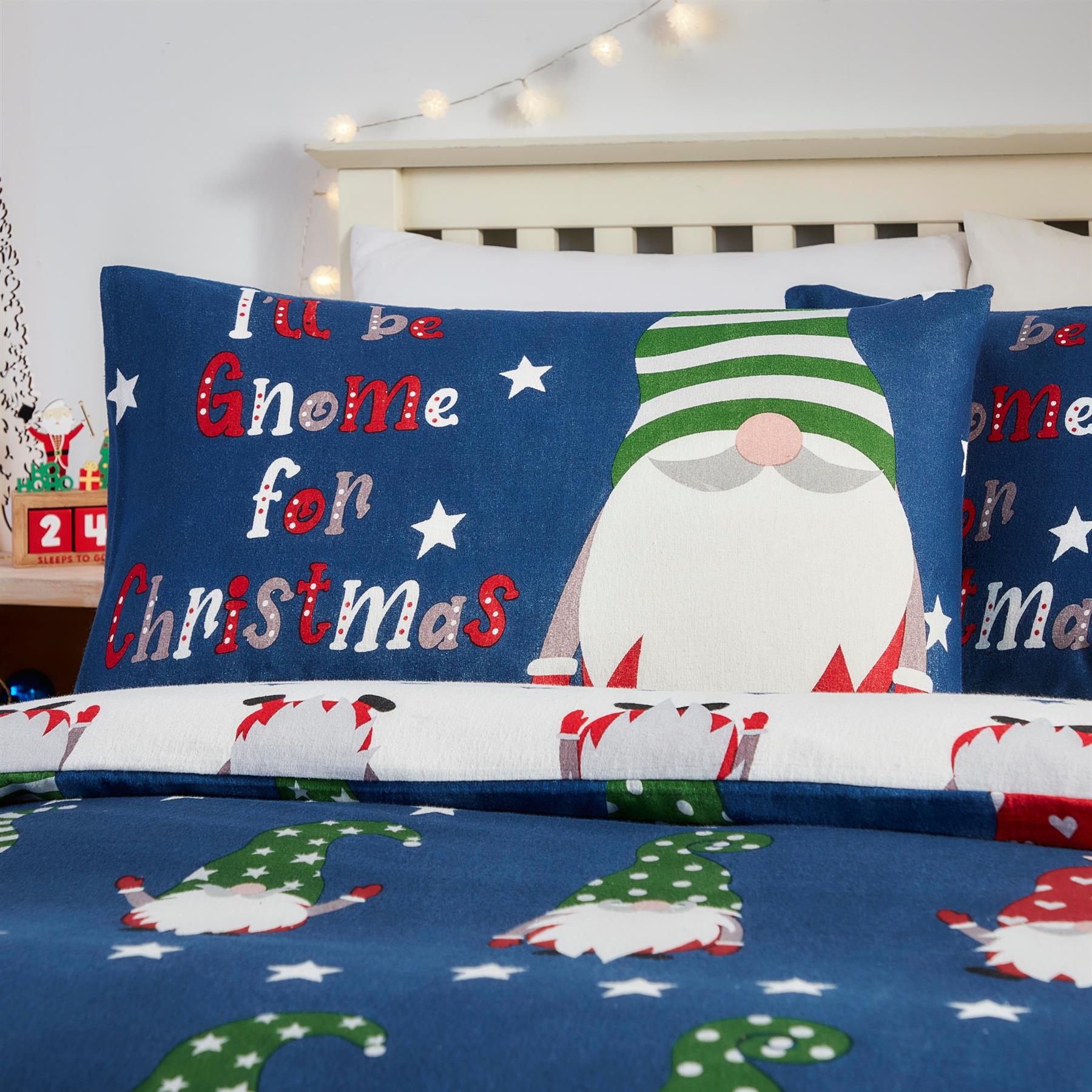 Fusion Christmas Gnome For Christmas Polycotton Duvet Cover Set in Navy - Picture 3 of 6