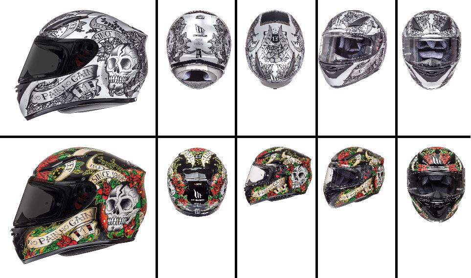 MT Revenge Teschio /& Rose Integrale da Moto Casco Antiurto Acu Oro