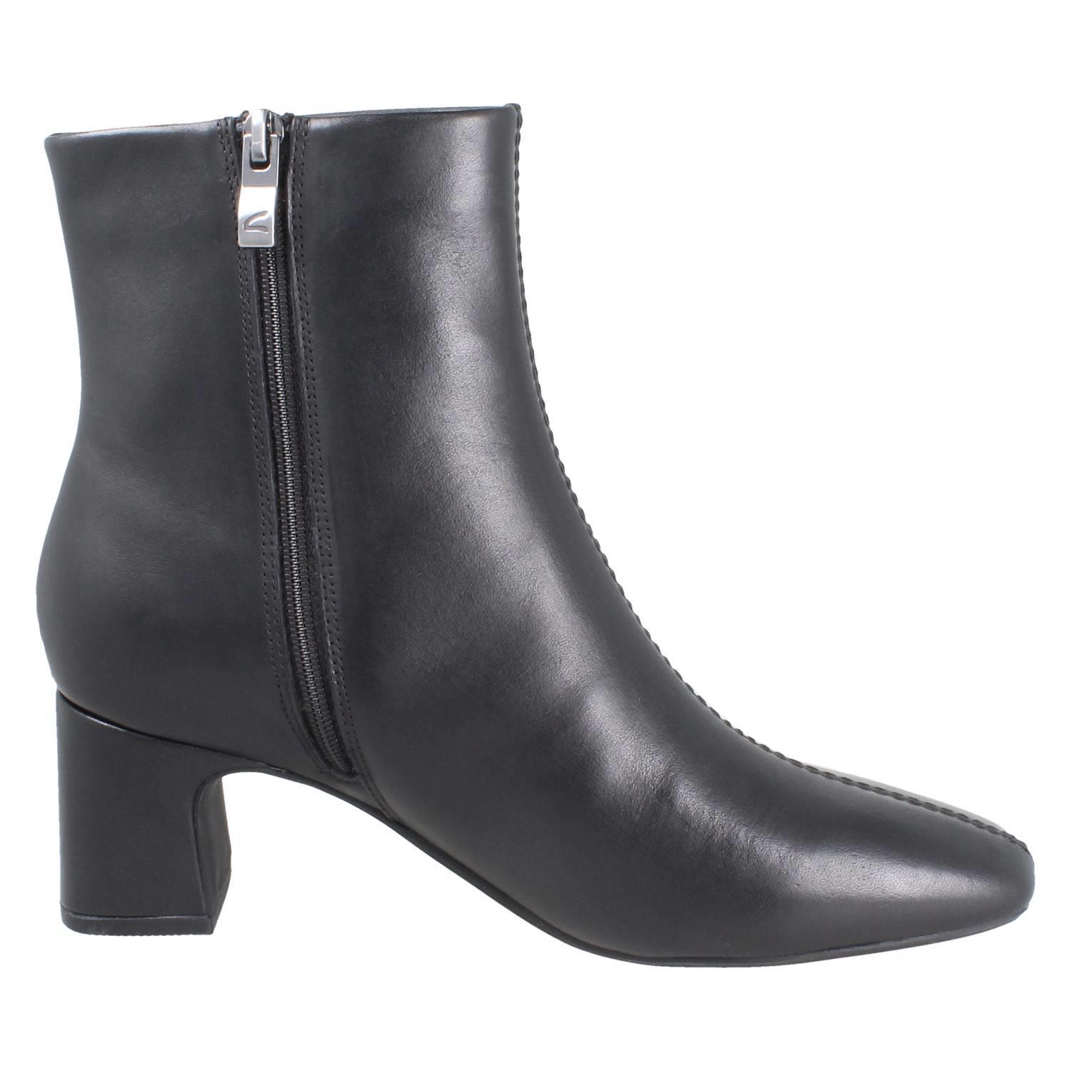 Damen Clarks Smart Leather Blockabsatz Quadratische Zehe Stiefeletten Fernie Zip - Picture 7 of 19
