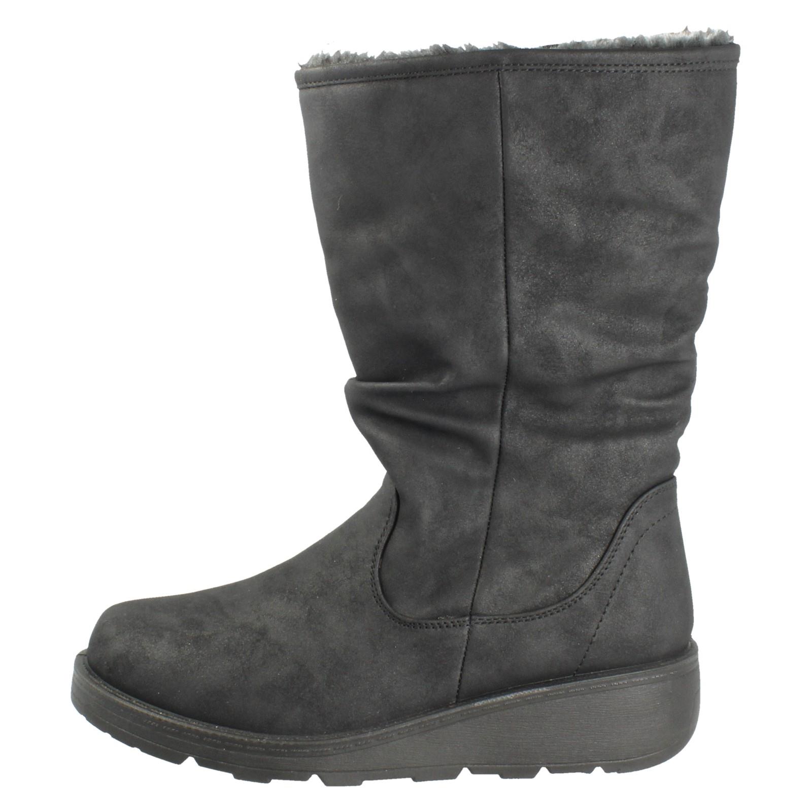 Ladies Spot On Fur Lined Zip Up Wide Fit Wedge Heel Mid Calf Boots F4466 - Picture 3 of 19