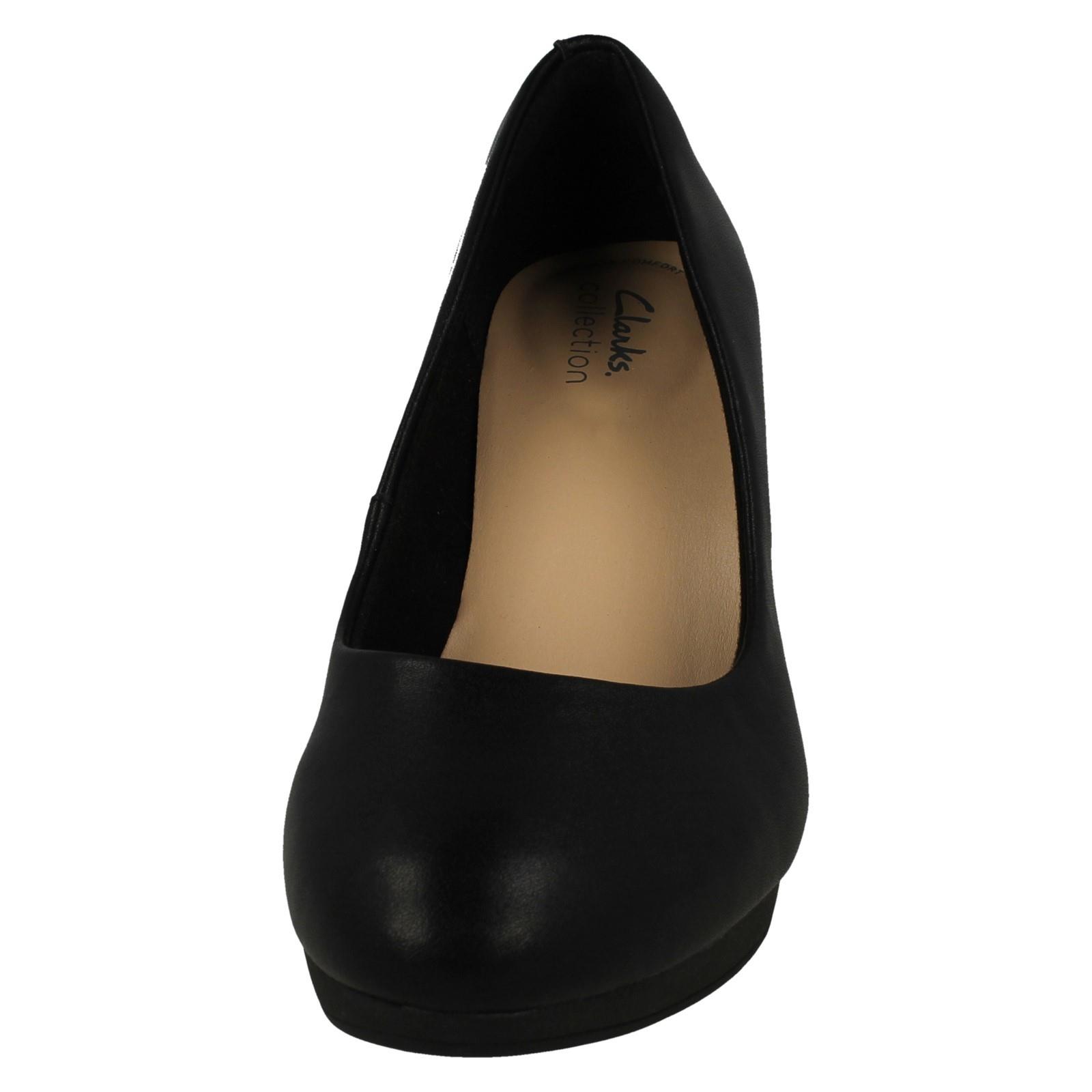 Ladies Clarks Leather Slip On Platform Stiletto Heeled Wide Fit Court Shoes - Picture 9 of 19