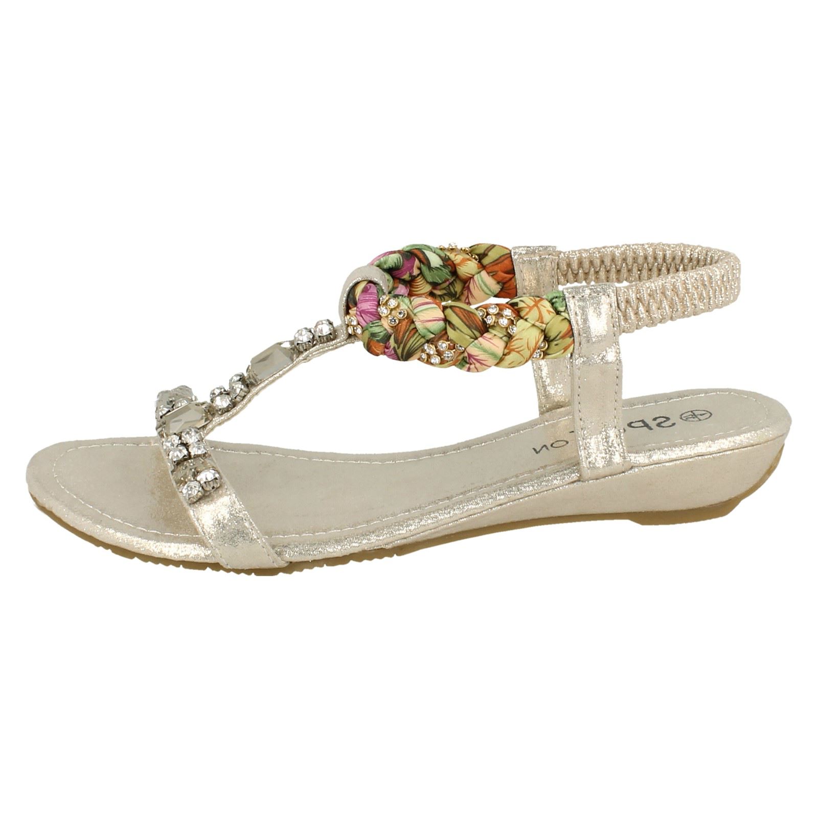 Ladies Spot On Open Toe Low Wedge Slip On Textile Jewelled Sandals F1R0746